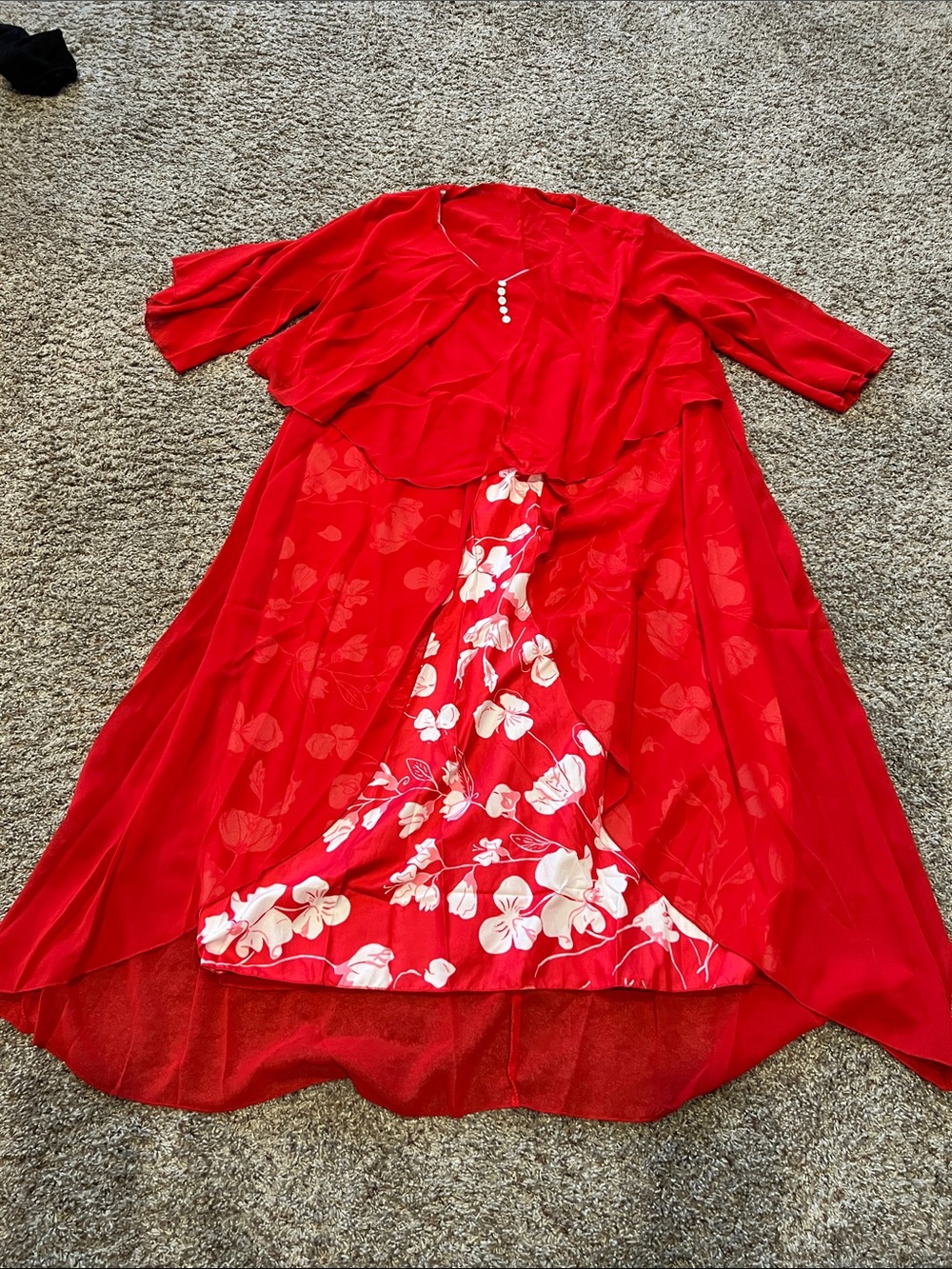Red Floral Layered Womans Dress with Sheer Overlay